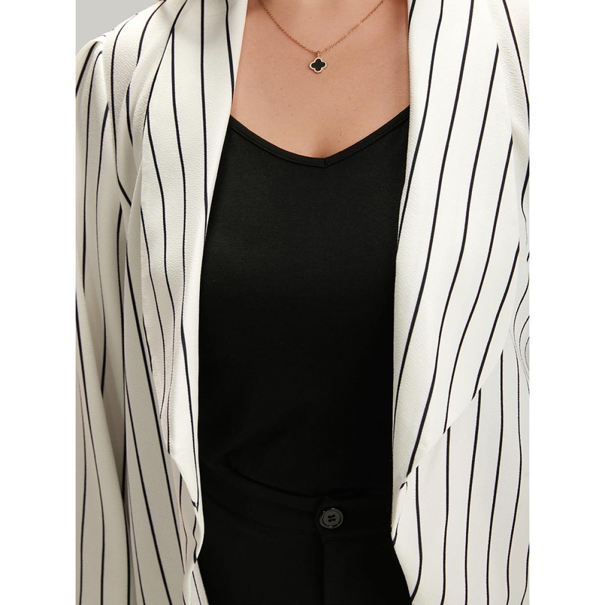 Plus Size Striped Lapel Collar Open Front Blazer White Women Office Striped Asymmetrical Sleeve Long Sleeve Lapel Collar 18-20/2X At the Office Blazers BloomChic Product Image