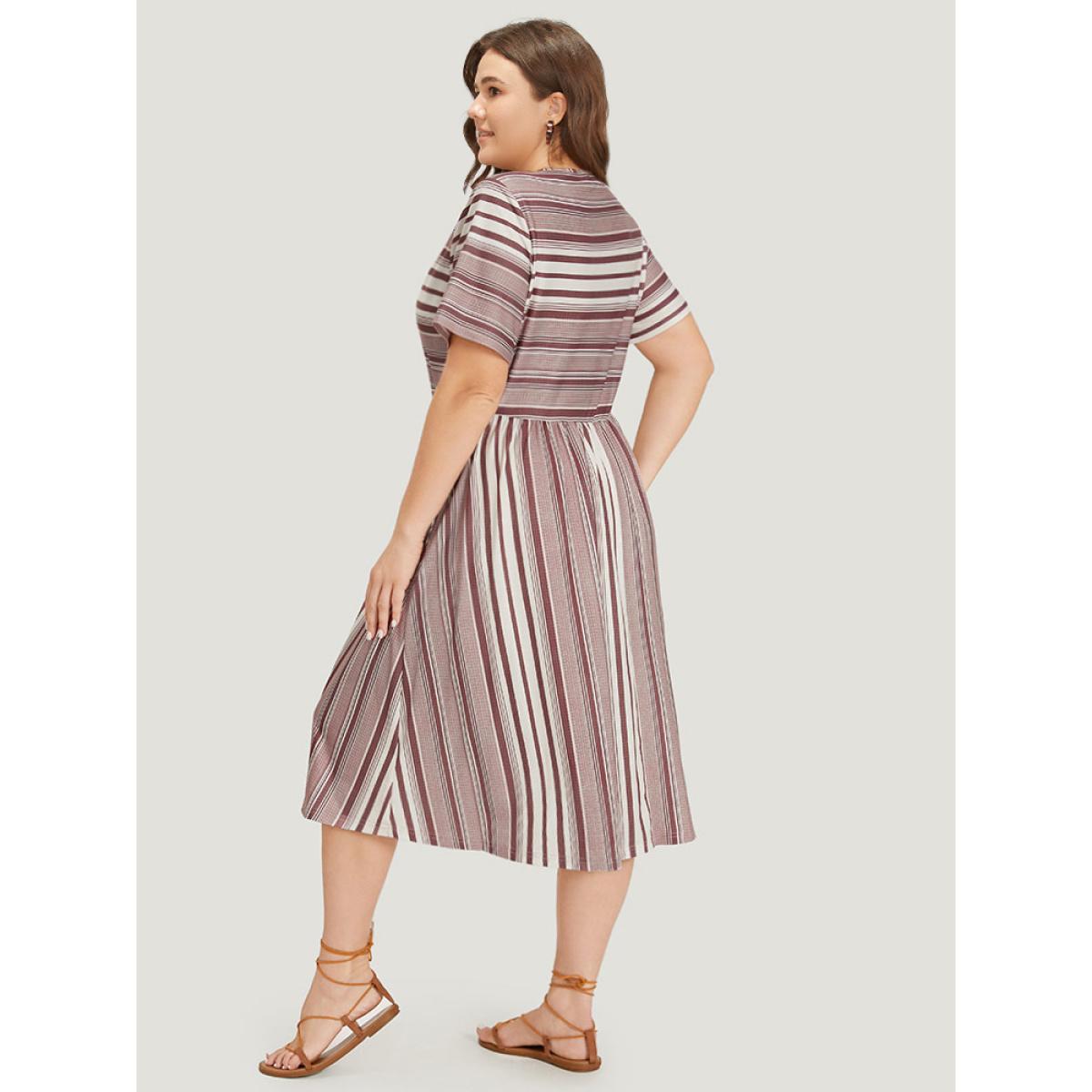 Plus Size Striped Pocket Elastic Waist Keyhole Dress Burgundy Women Casual Cut-Out Round Neck Short sleeve Curvy Midi Dress BloomChic 12/L Product Image
