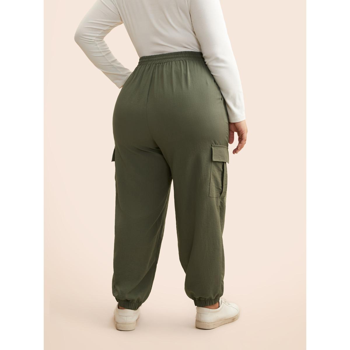 Plus Size Mid Rise Patched Pocket Drawstring Pants Women ArmyGreen Casual Mid Rise Everyday Pants BloomChic 12/L Product Image