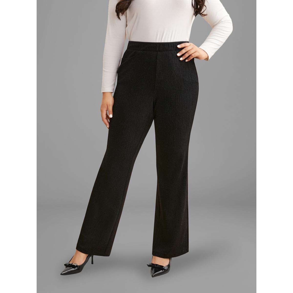 Plus Size Metallic Shimmer Stretchy Flare Pants Women Black Formal Medium stretch Bootcut Mid Rise Party Leggings BloomChic 10/M Product Image