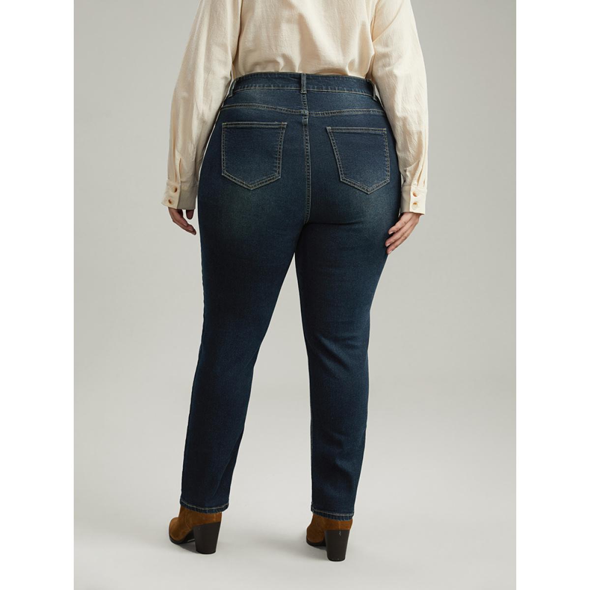 Plus Size Dark Wash Straight Leg High Rise Jeans Women Indigo Casual Plain Plain High stretch Pocket Jeans BloomChic 24/3X Product Image