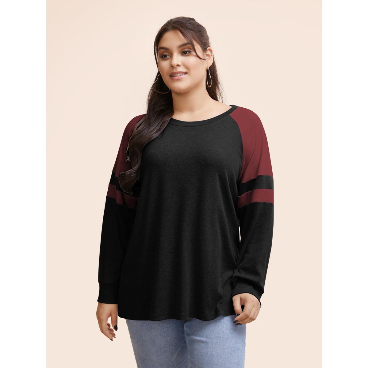 Plus Size Colorblock Contrast Stitch Raglan Sleeve T-shirt Black Women Casual Elastic cuffs Striped Round Neck Dailywear T-shirts BloomChic 12/L Product Image
