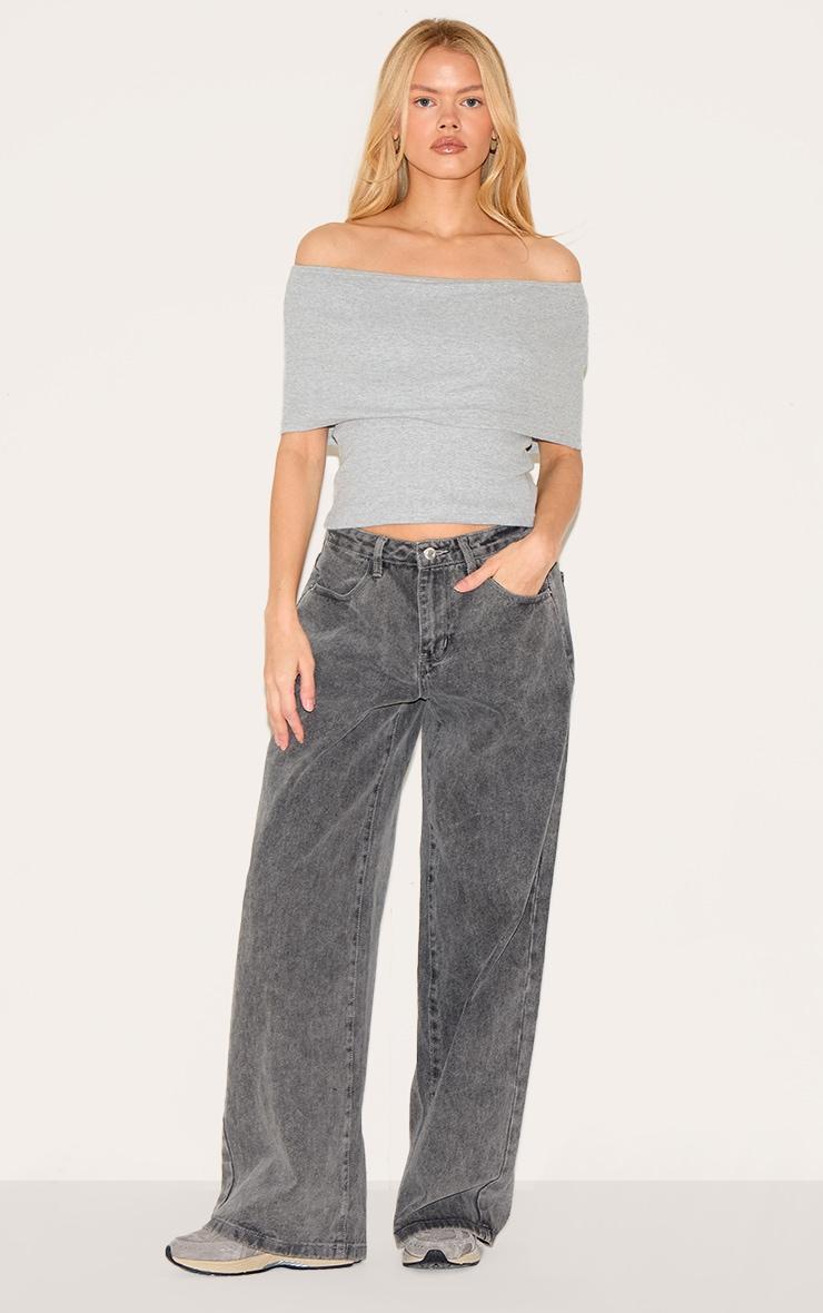 Grey Ribbed Foldover Bardot Top Product Image