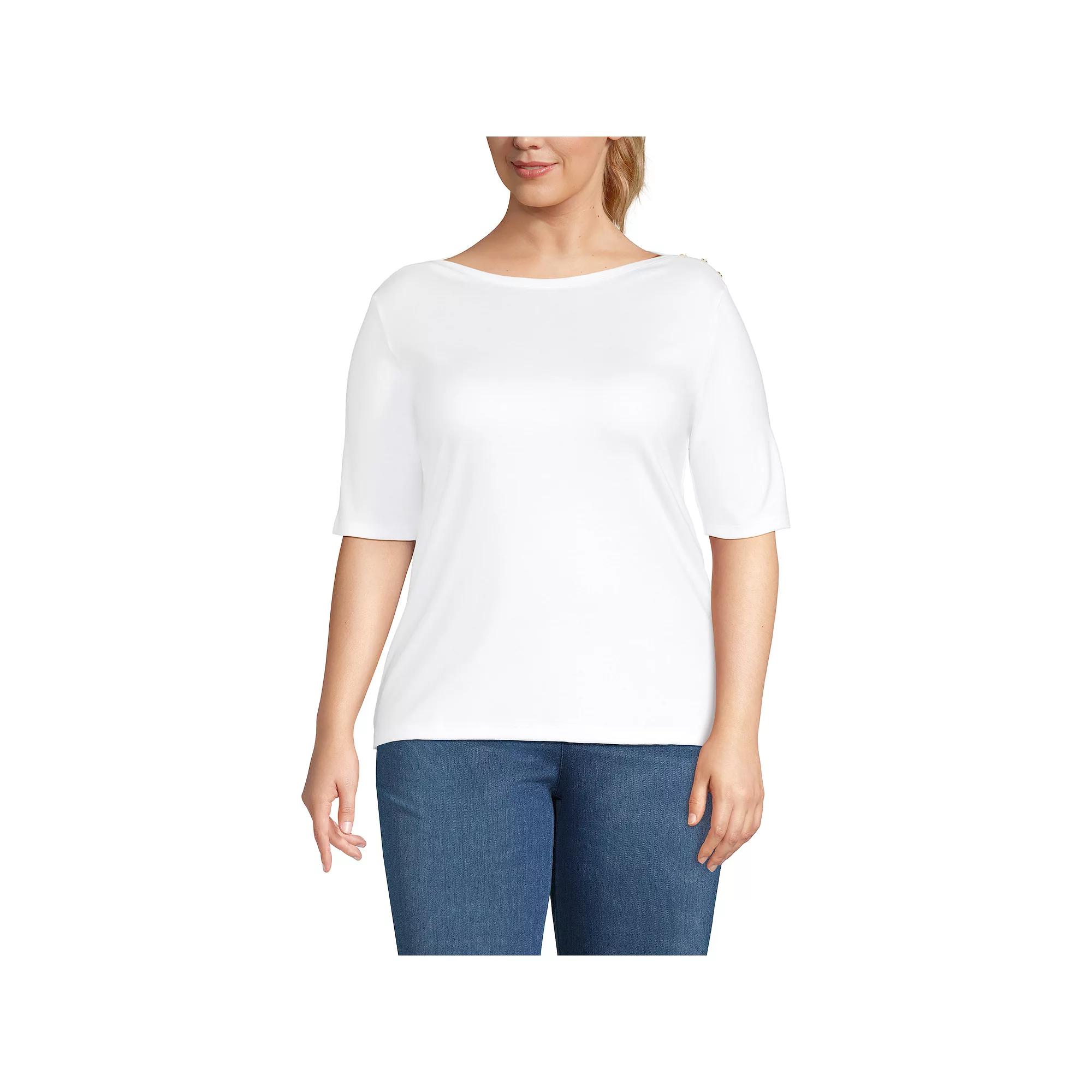 Plus Size Lands' End Elbow Sleeve Boatneck Button Shoulder Tee, Women's, Size: 1XL, Radiant Blue Product Image
