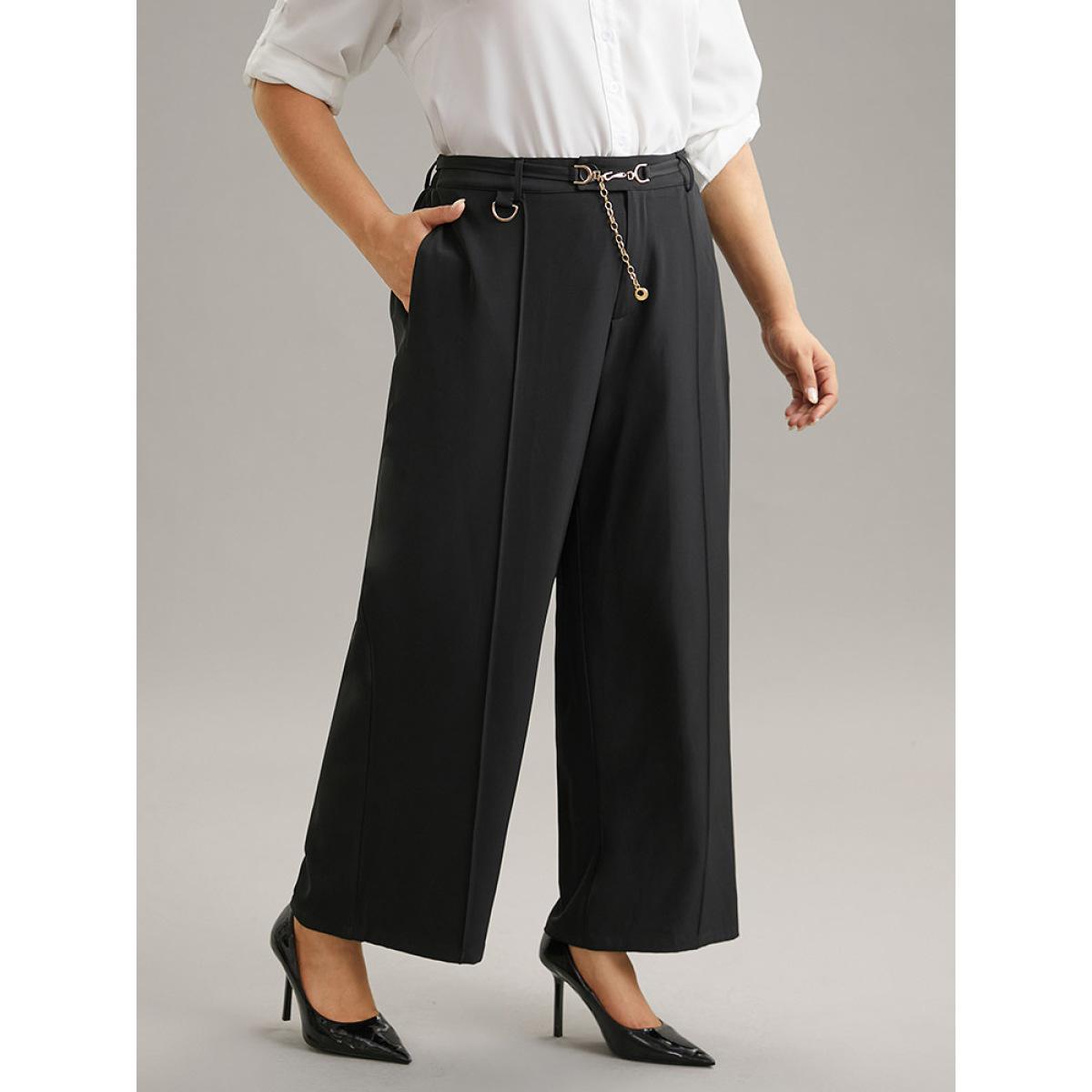 Plus Size Static-Free Elastic Waist Chain Belted Pleated Pants Women Black Office Straight Leg High Rise Office Pants BloomChic 22-24/3X Product Image