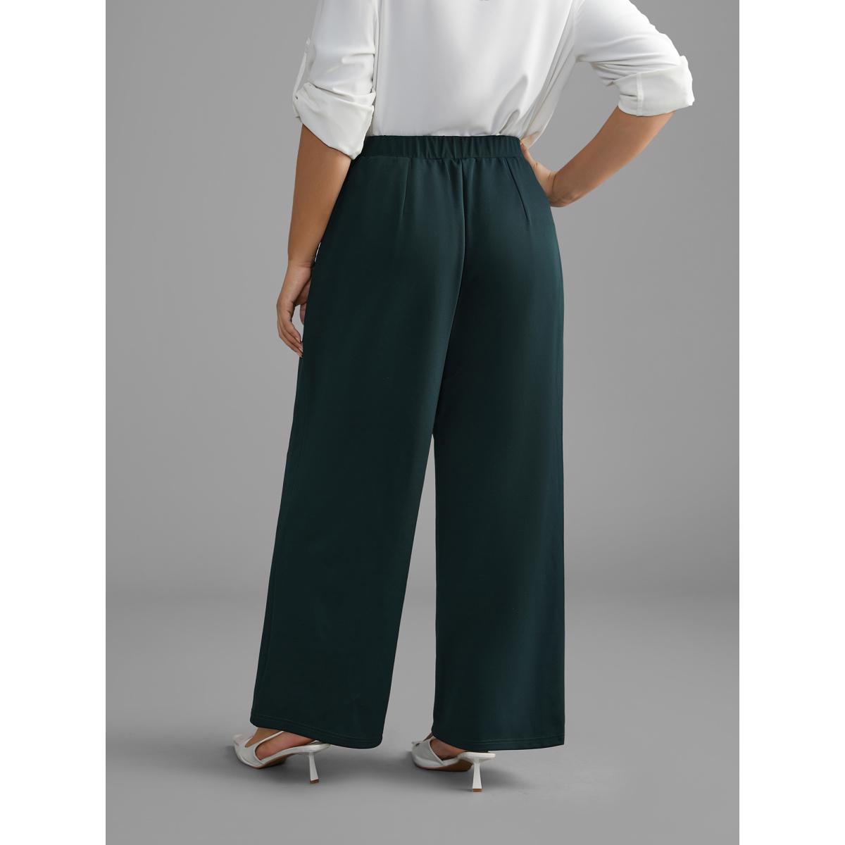 Plus Size Solid Elastic Waist Wide Leg Pants Women DarkGreen Workwear Essentials Wide Leg Mid Rise Work Pants BloomChic 30/6X Product Image