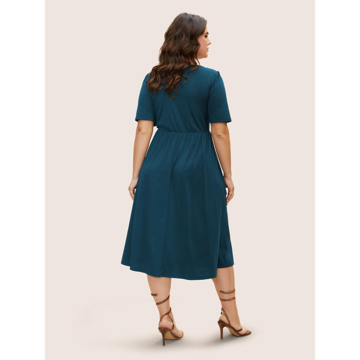 Plus Size V Neck Button Detail Elastic Waist Midi Dress Teal Women At the Office Button V-neck Short sleeve Curvy BloomChic 22-24/3X Product Image