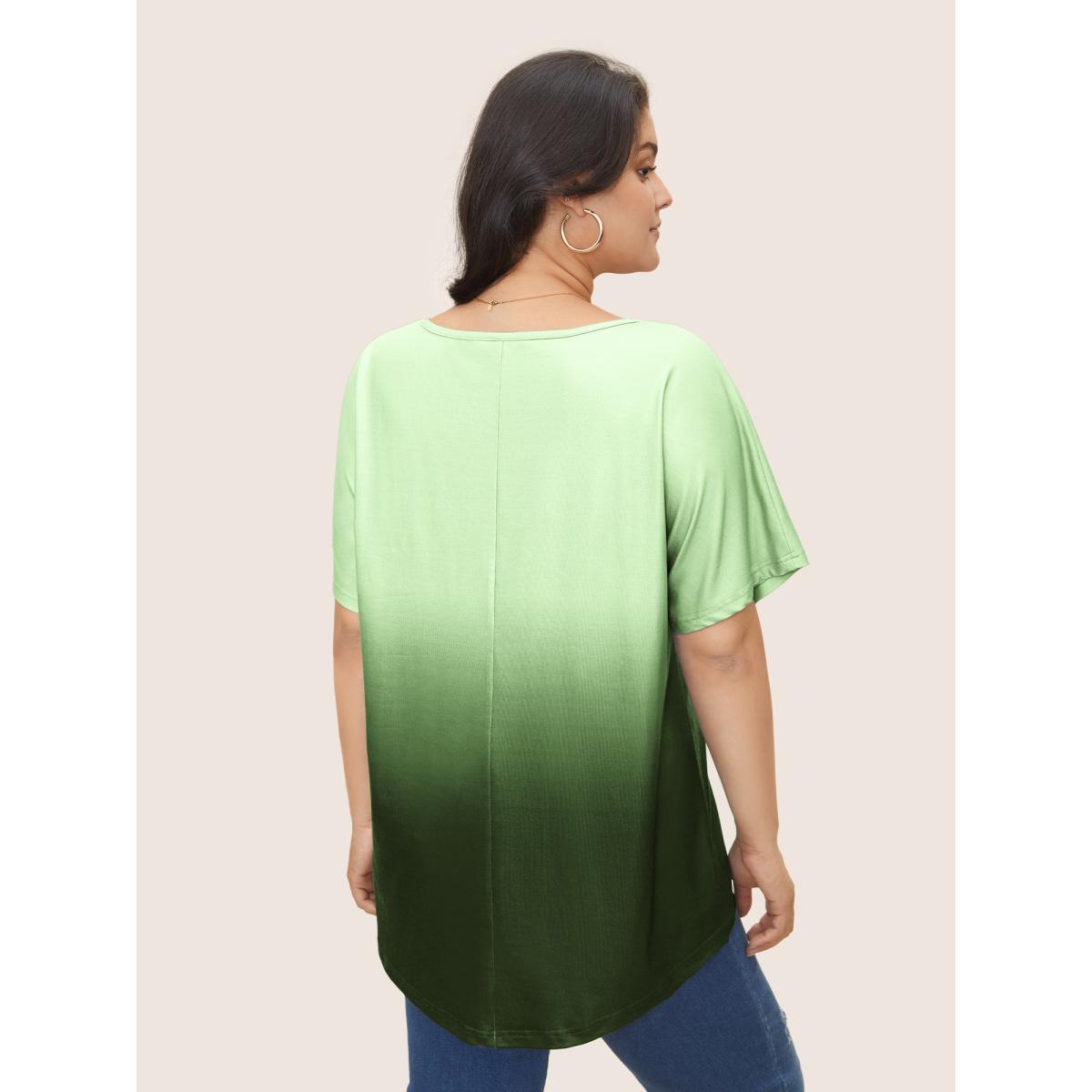 Plus Size Ombre Round Neck Batwing Sleeve T-shirt DarkGreen Women Casual U-neck Everyday T-shirts BloomChic 10/M Product Image