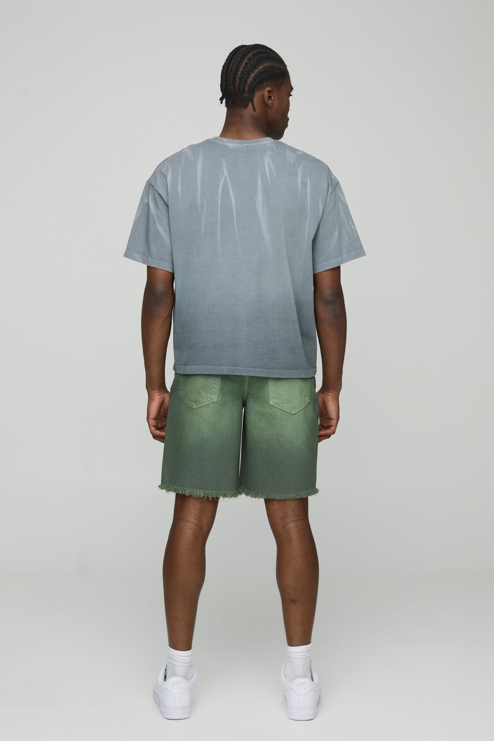 Relaxed Fit Ripped Green Tinted Jean Shorts | boohooMAN USA Product Image