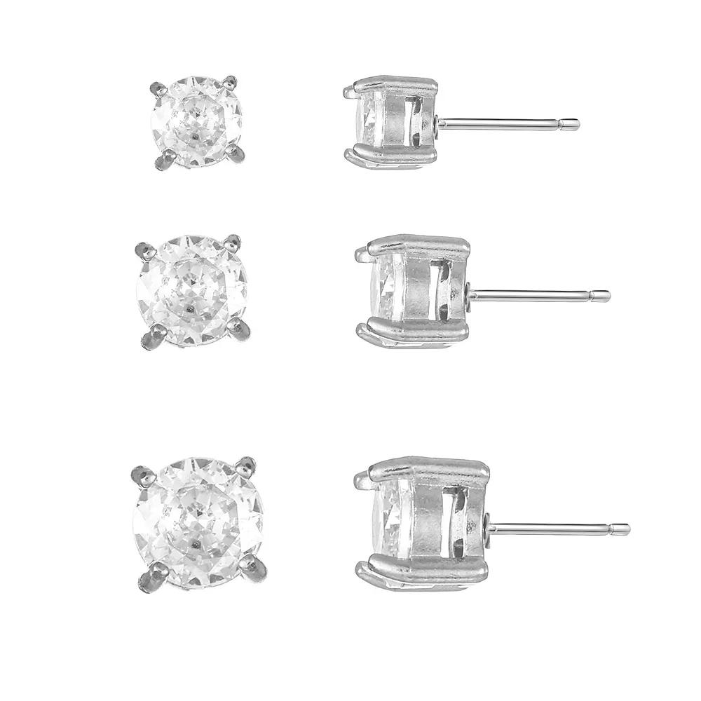 City Luxe Stainless Steel 3-Pack Cubic Zirconia Stud Earring Set, Women's, Silver Tone Product Image