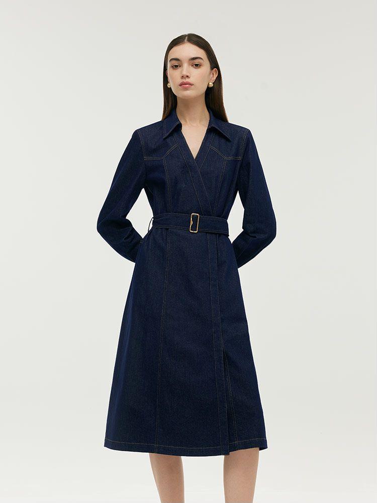 Denim Lapel Women Midi Dress With Belt Product Image
