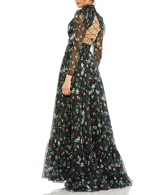 Mac Duggal Floral Print High Neck Keyhole Lace Up Gown Product Image