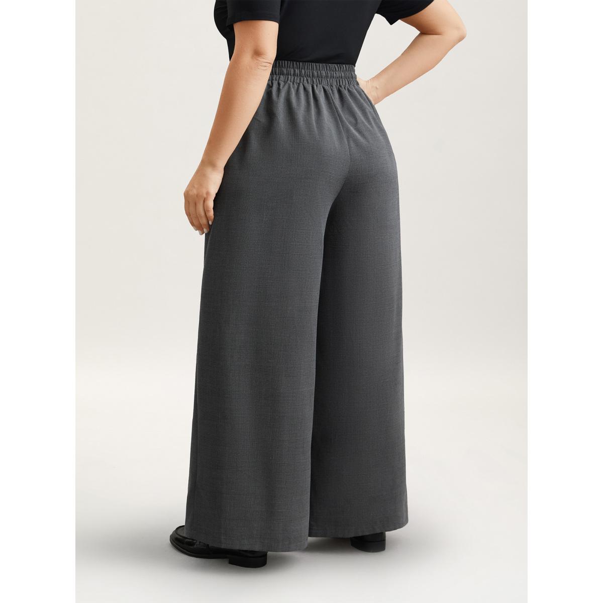 Plus Size Waist Drawstring Plaid Wide Leg Pants Women Black At the Office Wide Leg Mid Rise Work Pants BloomChic 18-20/2X Product Image