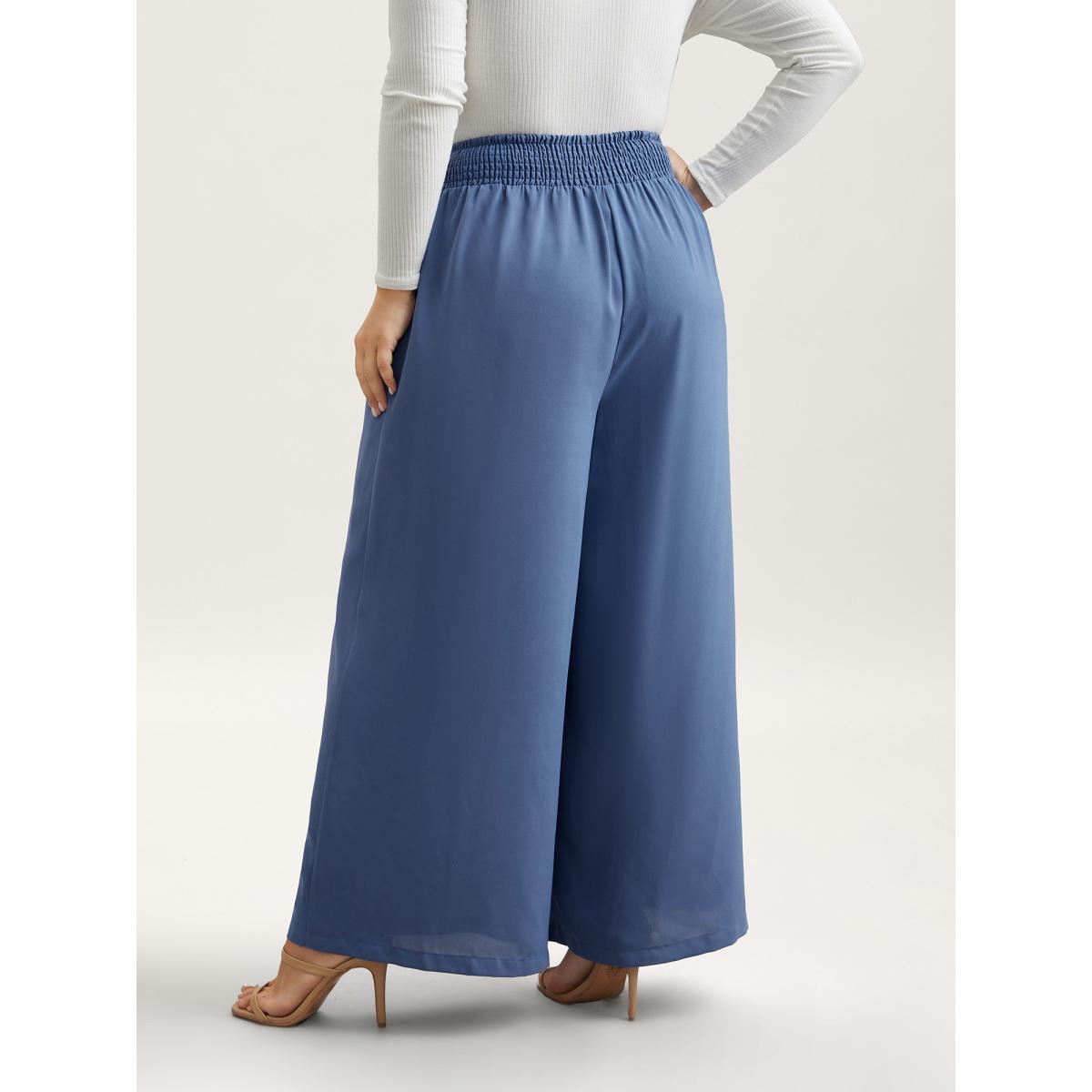 Plus Size Smocked Waist-Tie Flared Pants Women Mediumblue Elegant Wide Leg Mid Rise Everyday Pants BloomChic 18-20/2X Product Image