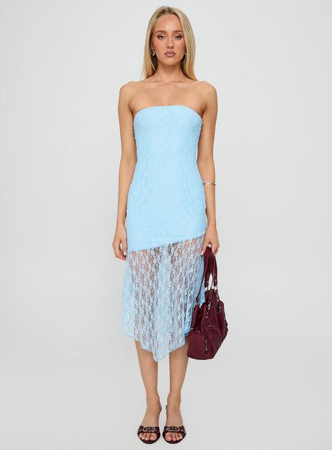 Nonchalant Strapless Lace Midi Dress Blue Product Image