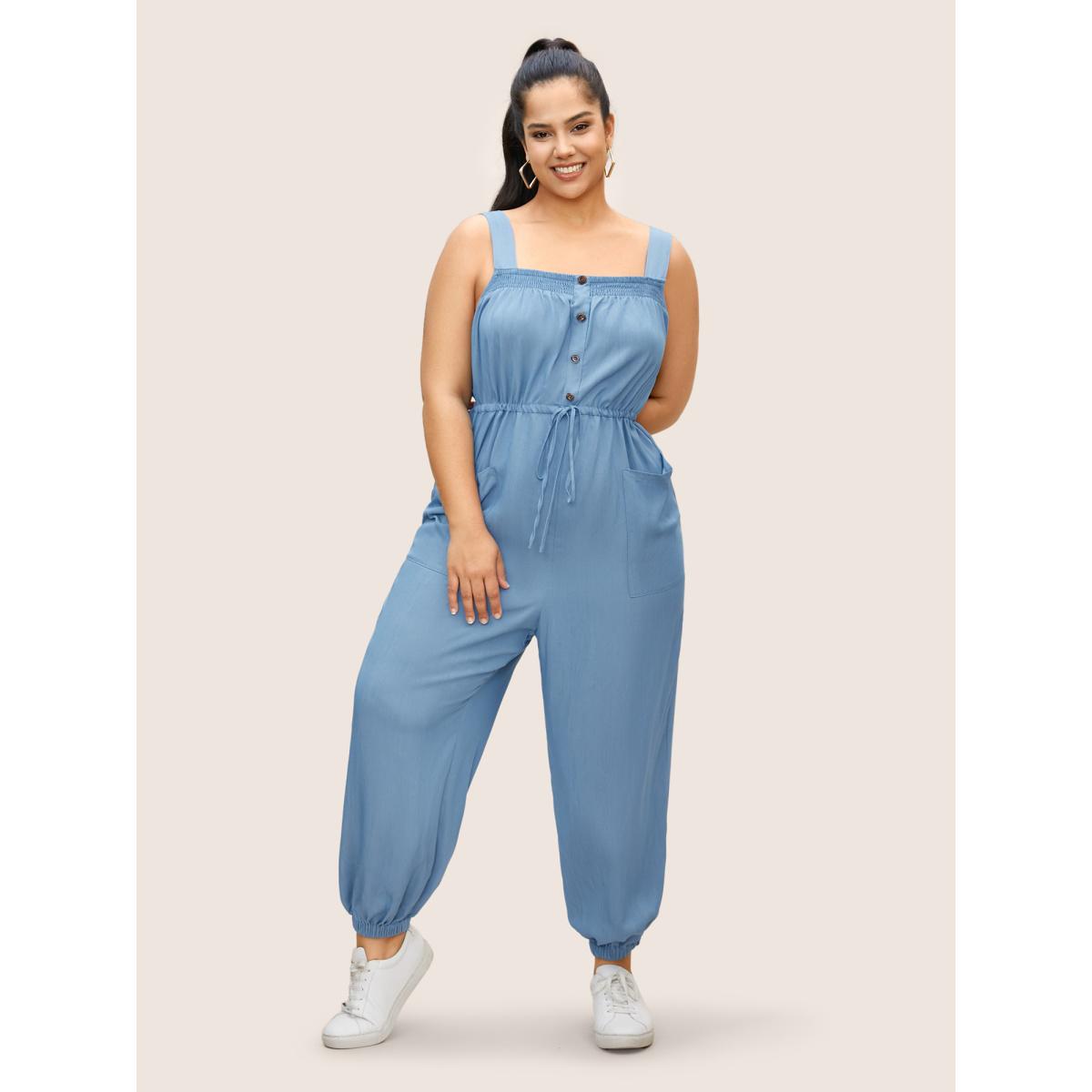 Plus Size Denimblue Solid Shirred Button Detail Drawstring Jumpsuit Women Casual Sleeveless Square Neck Everyday Loose Jumpsuits BloomChic 18-20/2X Product Image