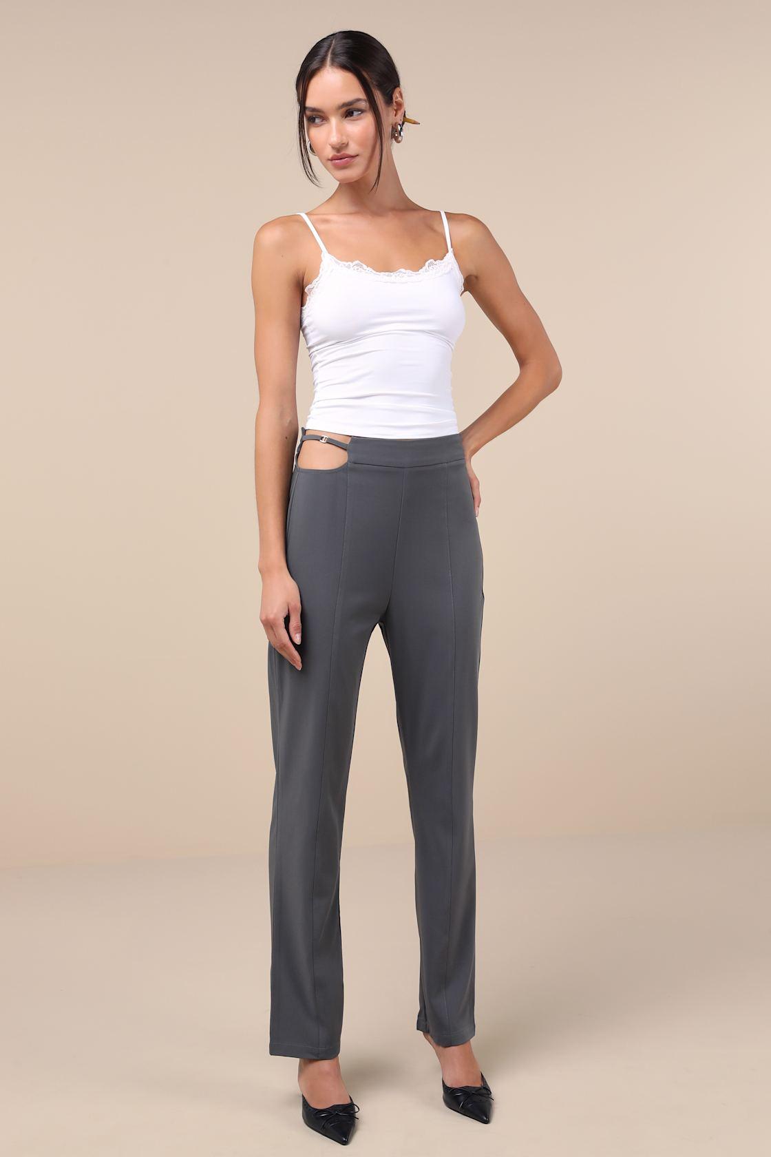 Polished Aura Dark Grey Cutout High-Rise Trousers Product Image