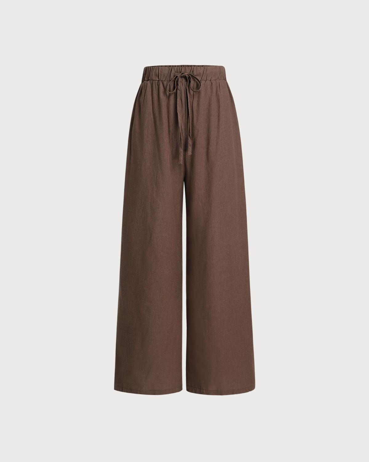 Coffee Elastic Waist Wide Leg Pants Product Image