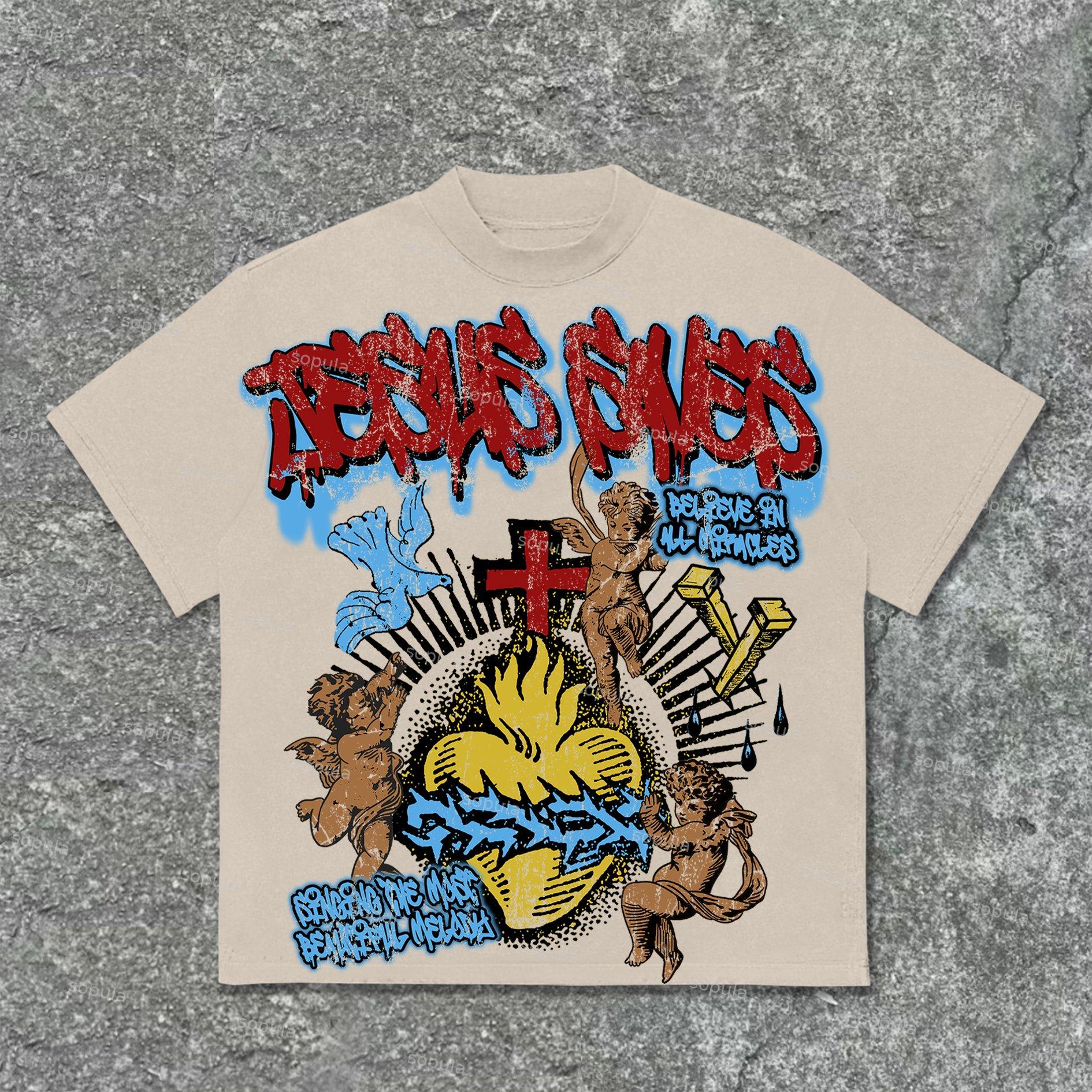Sopula Vintage Jesus Saves Angel Graphic Print Cotton T-Shirt Product Image