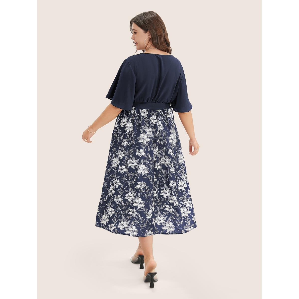 Plus Size Floral Patchwork Pocket Belt Surplice Neck Ruffle Hem Dress Navy Women Elegant Patchwork V-neck Short sleeve Curvy Midi Dress BloomChic 22-24/3X Product Image