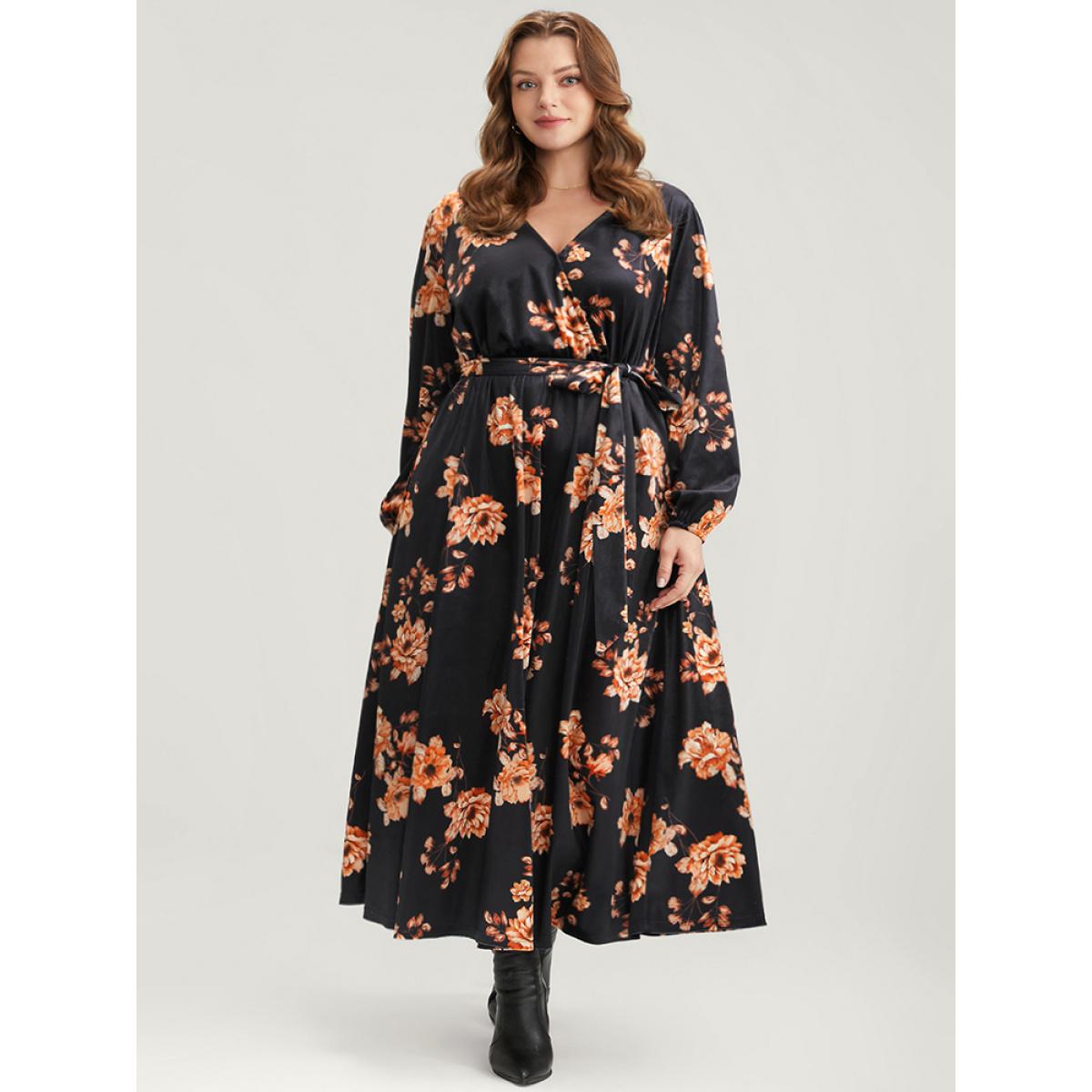 Plus Size Floral Lantern Sleeve Belted Surplice Neck Velvet Maxi Dress Black Women Elegant Cross straps V-neck Long Sleeve Curvy Long Dress BloomChic 14-16/1X Product Image