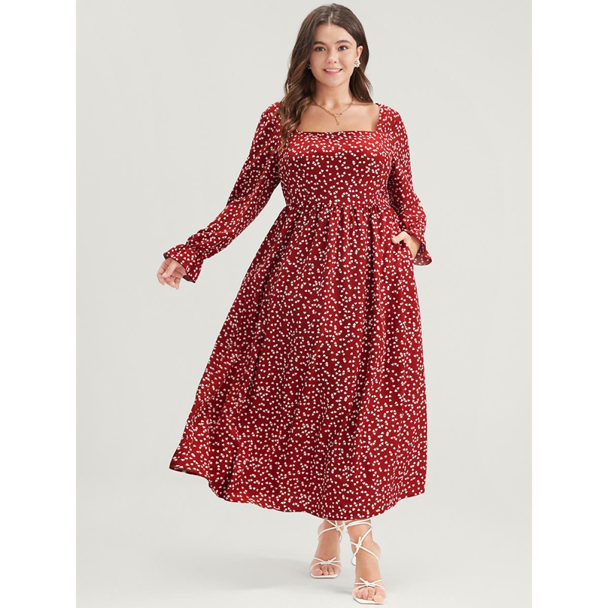 Plus Size Heart Print Lantern Sleeve Pocket Square Neck Dress Scarlet Women Elegant Pocket Square Neck Long Sleeve Curvy Midi Dress BloomChic 26/4X Product Image