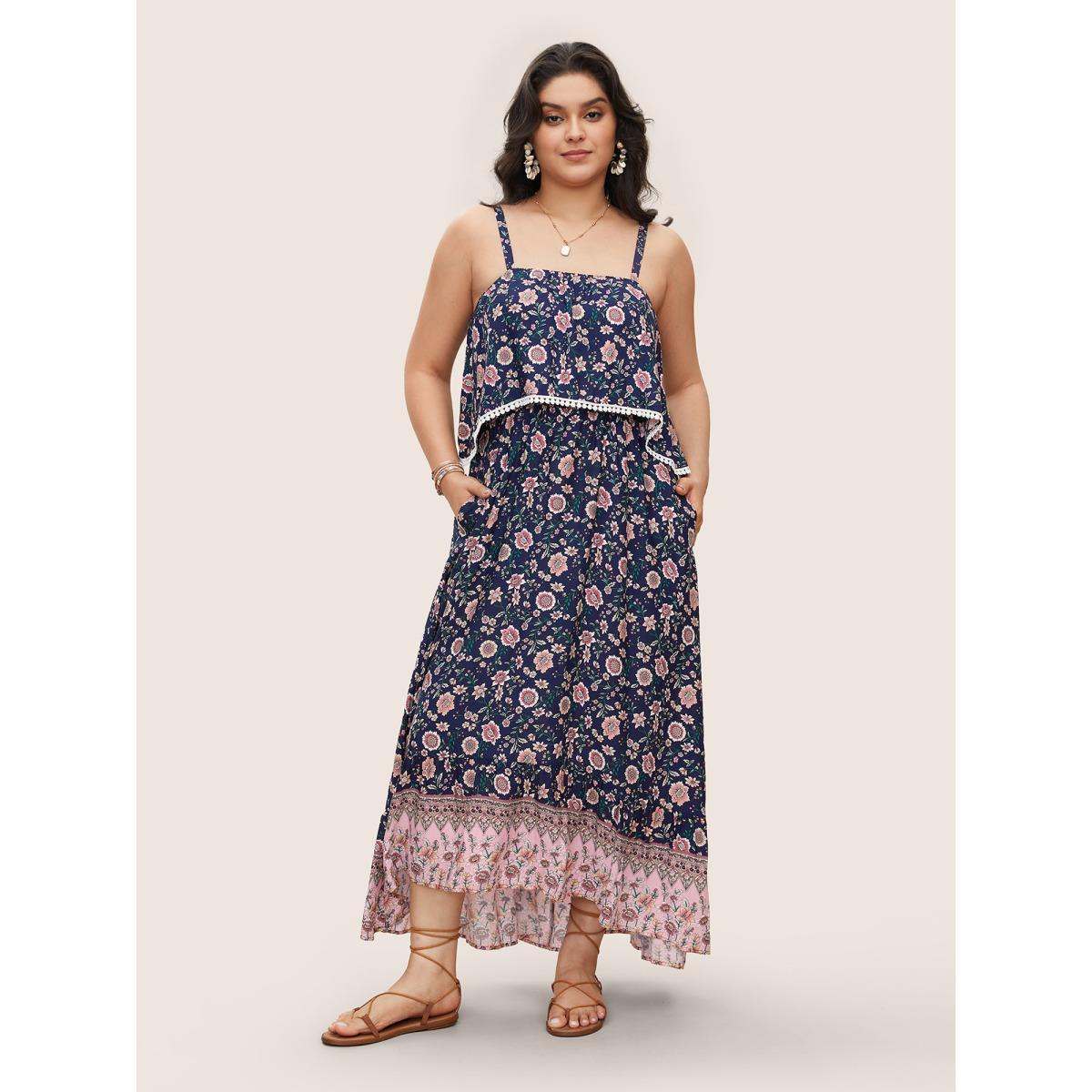 Plus Size Bandana Print Spaghetti Strap Pocket Ruffles Asymmetrical Hem Maxi Dress Navy Women Resort Non Non Sleeveless Curvy Long Dress BloomChic 12/L Product Image