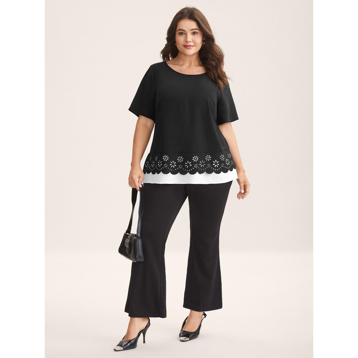 Plus Size Black Laser Cut Patchwork Round Neck Blouse Women Short sleeve Round Neck Work Blouses BloomChic 10/M Product Image