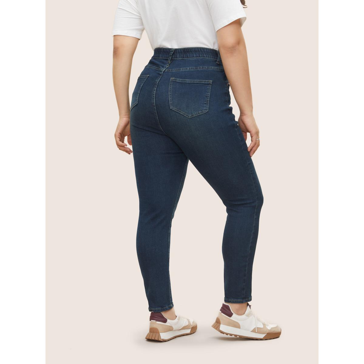 Plus Size Skinny Very Stretchy High Rise Dark Wash Gap Proof Jeans Women Indigo Casual Plain Non High stretch Slanted pocket Jeans BloomChic 12/L Product Image