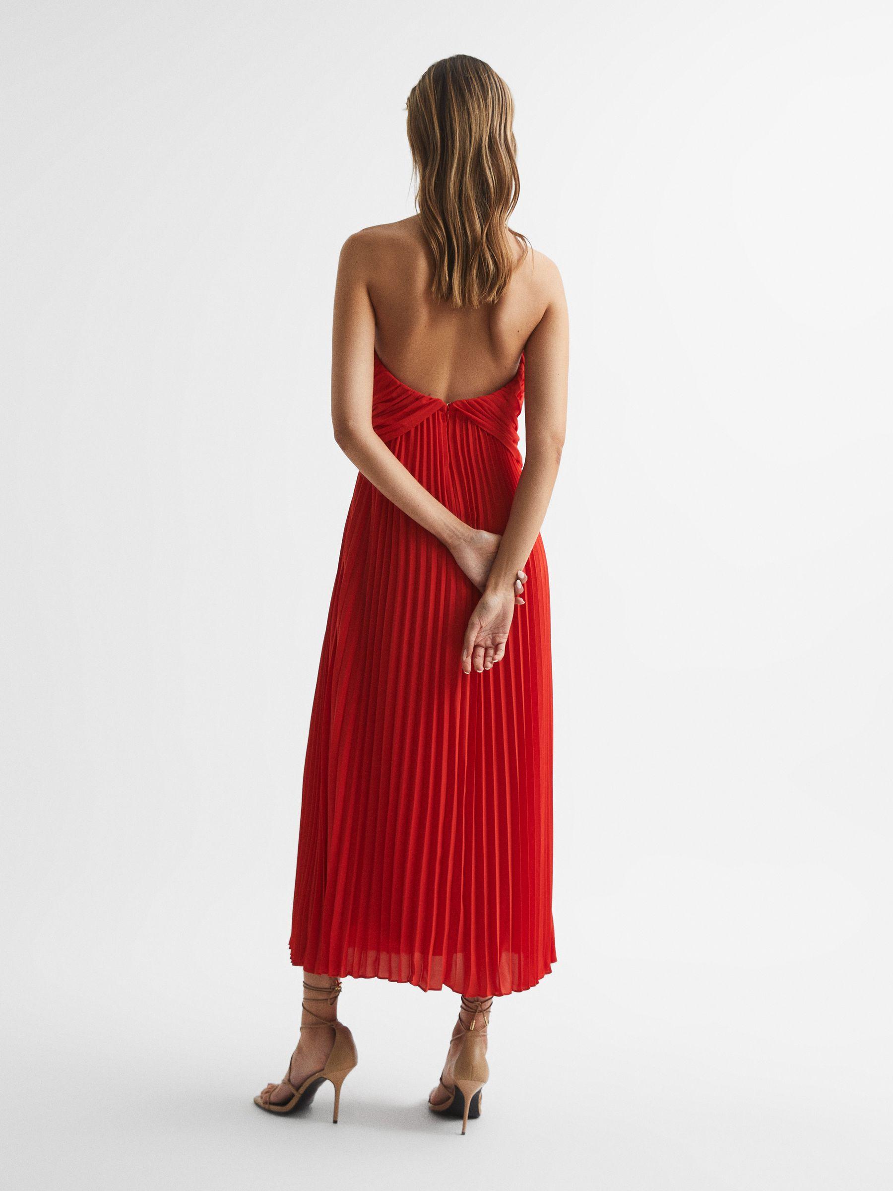 Halter Neck Pleat Midi Dress in Red Product Image