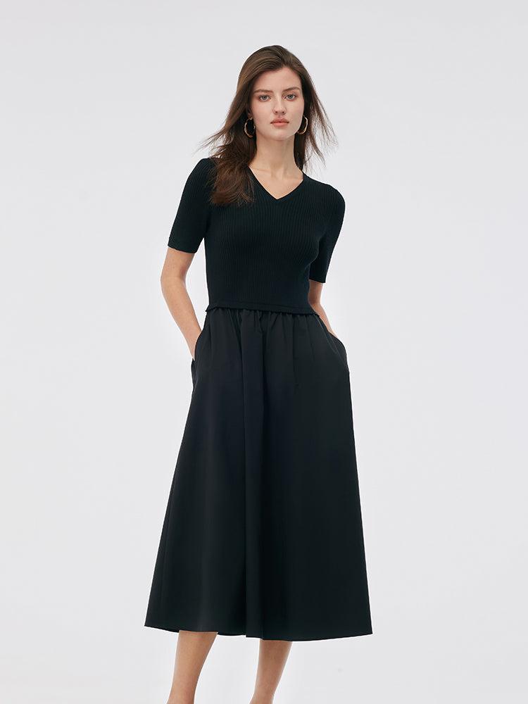 Tencel V-Neck Patchwork Women Midi Dress Product Image