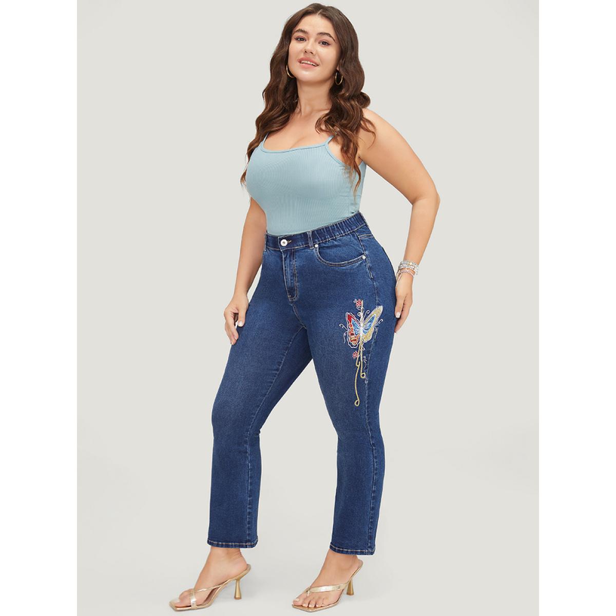 Plus Size Butterfly Embroidered Moderately Stretchy High Rise Dark Wash Bootcut Jeans Women Blue Elegant Plain Embroidered Medium stretch Pocket Jeans BloomChic 16/1X Product Image