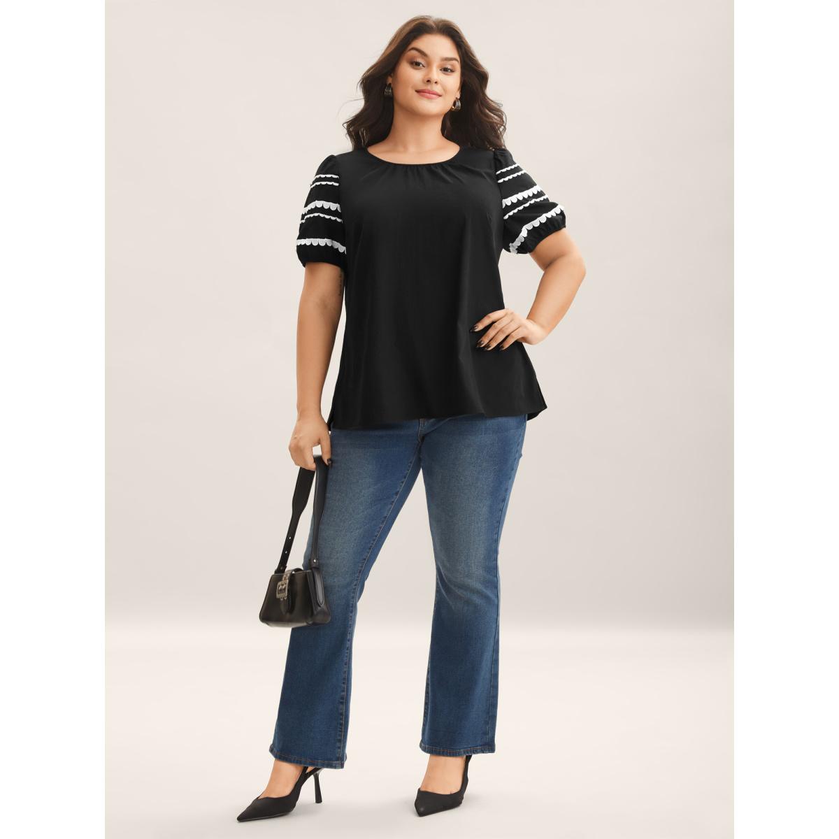 Plus Size Black Color Contrast Sleeve Relaxed Blouse Women Short sleeve Round Neck Work Blouses BloomChic 14-16/1X Product Image