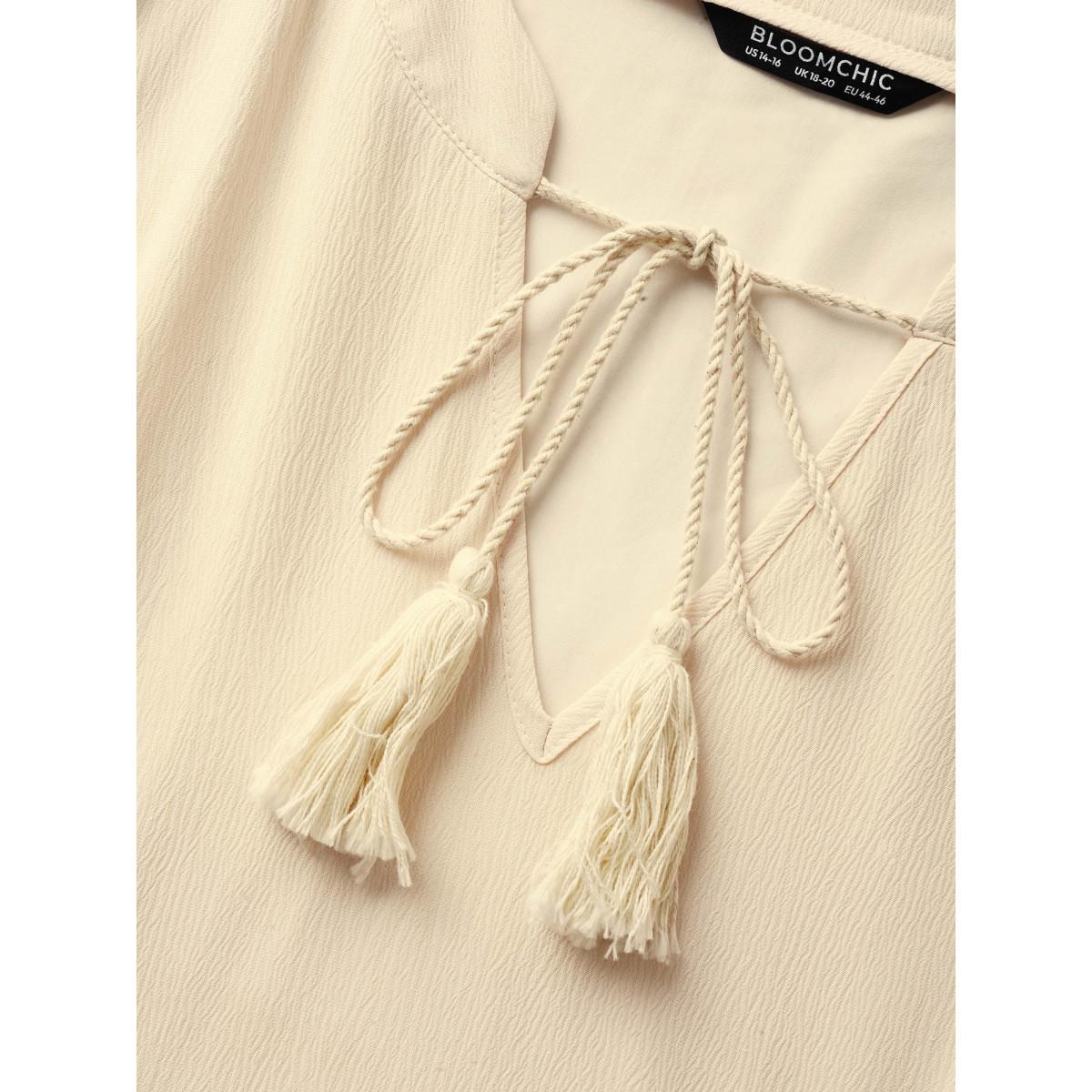 Plus Size Notch Ruffle Cap Sleeve Woven Ribbon Tassels Dress Apricot Women Resort Woven ribbon&lace trim Flat collar with V-notch Cap Sleeve Curvy Midi Dress BloomChic 22-24/3X Product Image