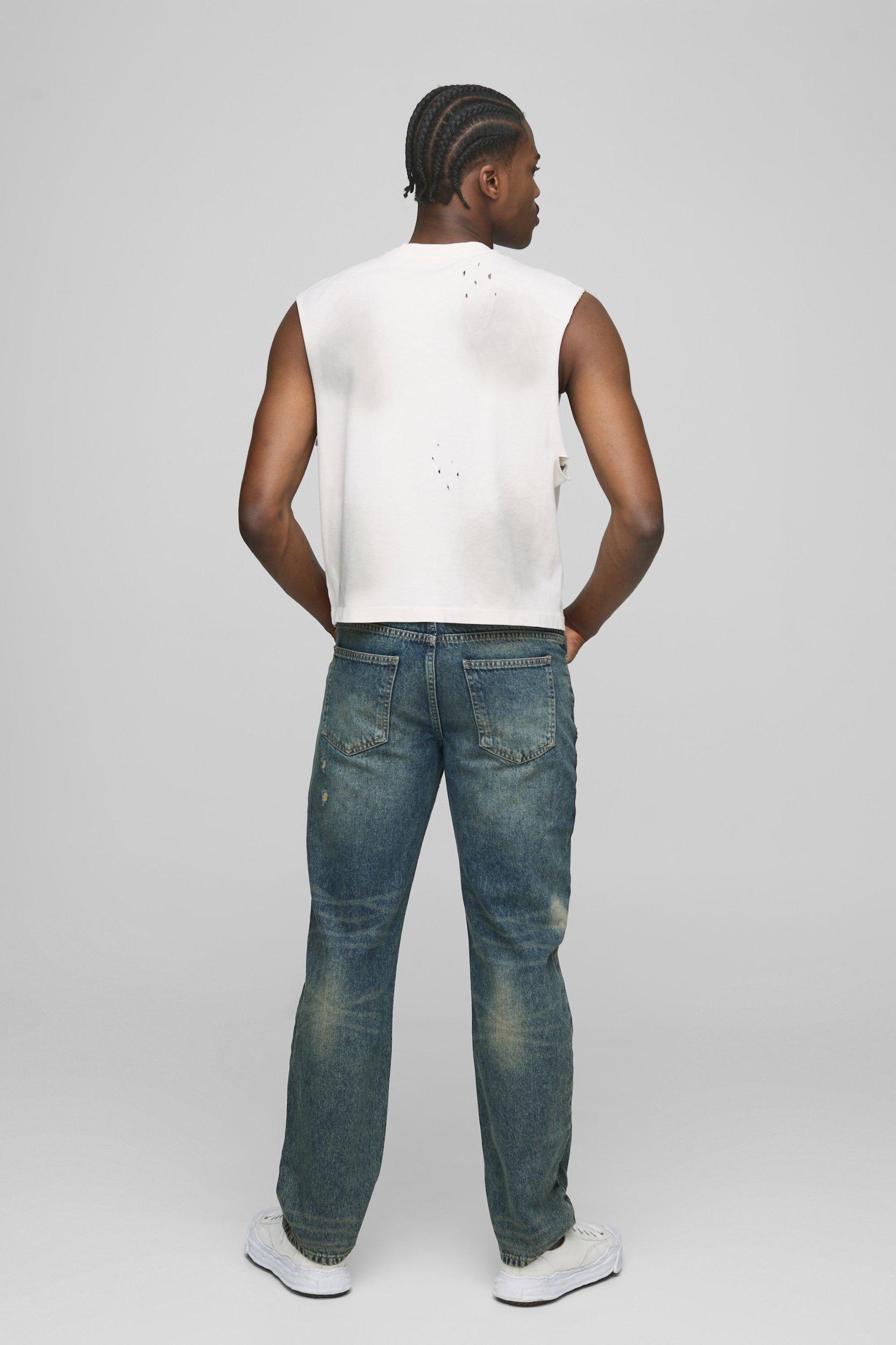 Straight Fit Distressed Ripped Vintage Blue Jeans | boohooMAN USA Product Image