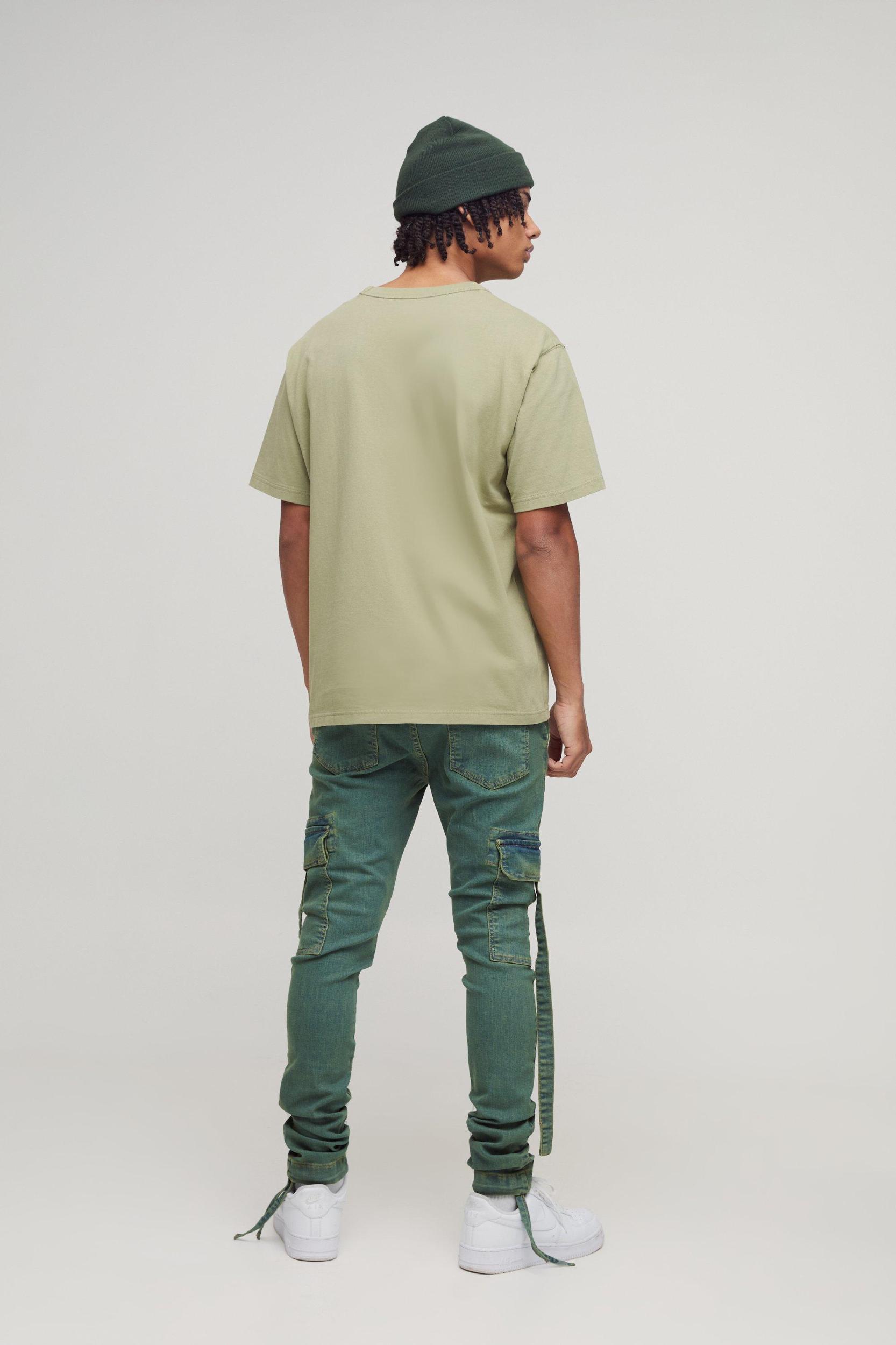 Super Skinny Stretch Cargo Strap Green Wash Jeans | boohooMAN USA Product Image