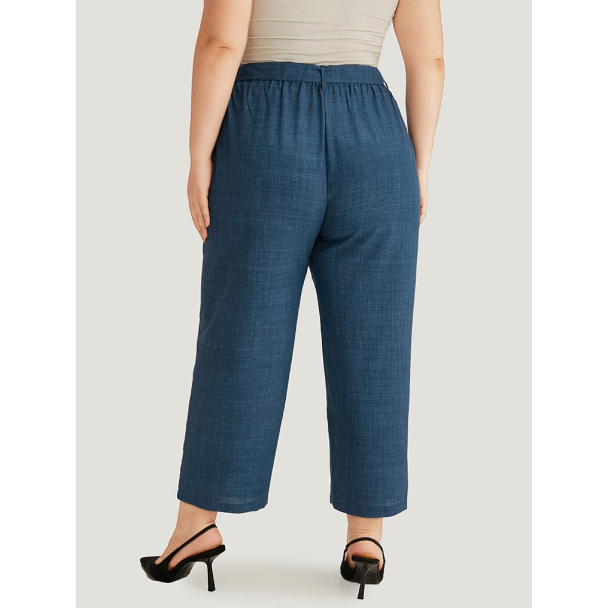 Plus Size Solid Elastic Waist Pocket Belted Pants Women Indigo Casual Straight Leg High Rise Dailywear Pants BloomChic 10/M Product Image