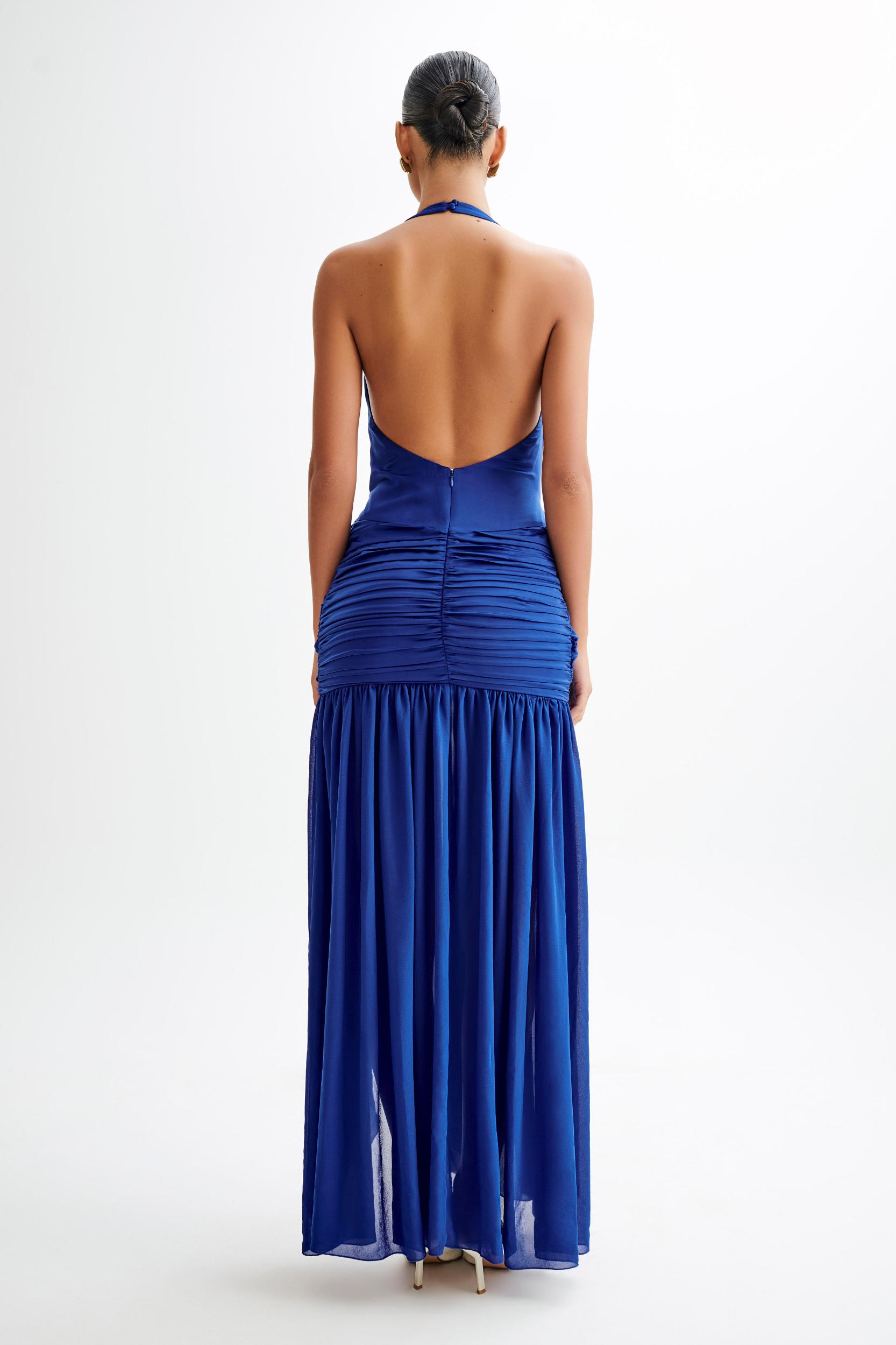Graziana Satin Chiffon Plunge Maxi Dress - Cobalt Blue Product Image