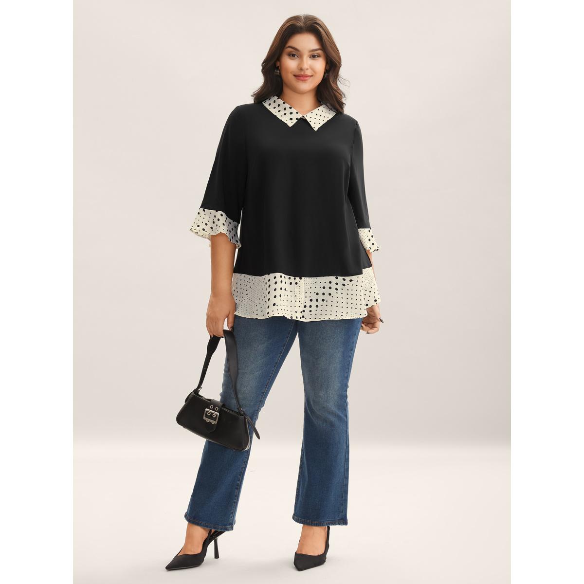 Plus Size Black Sheer Color Contrast Spliced Collar Blouse Women Office Elbow-length sleeve Shirt collar Office Blouses BloomChic 18-20/2X Product Image