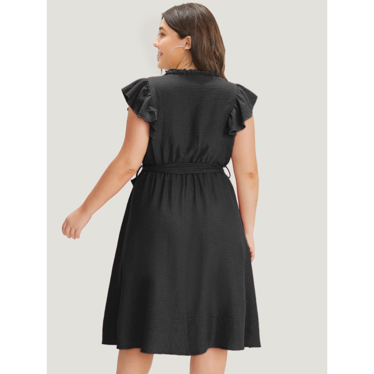 Plus Size Solid Pocket Lace Insert Pleated Flutter Sleeve Dress Black Women Office Gathered Round Neck Sleeveless Curvy Knee Dress BloomChic 26/4X Product Image