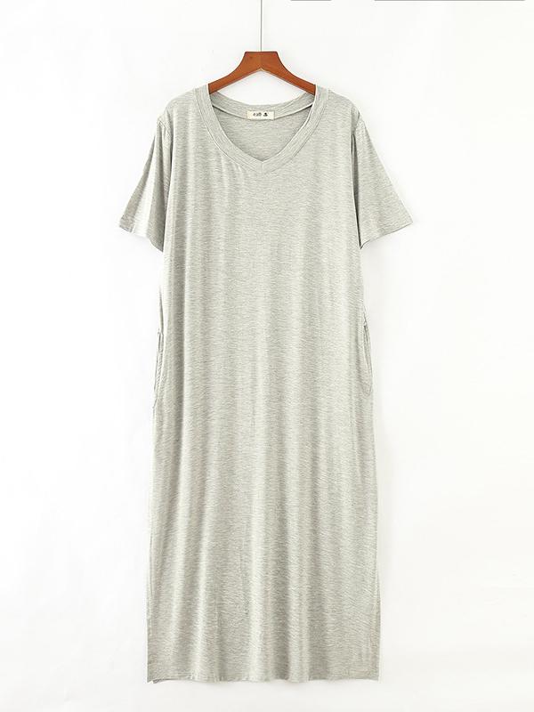Simple Short Sleeves Loose Split-Side Solid Color V-Neck Pajamas Dress Product Image