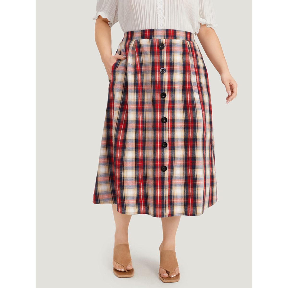 Plus Size Plaid Wideband Waist Pleated Button Detail Skirt Women Raspberry Office Button Loose No stretch Pocket Office Skirts BloomChic 28/5X Product Image