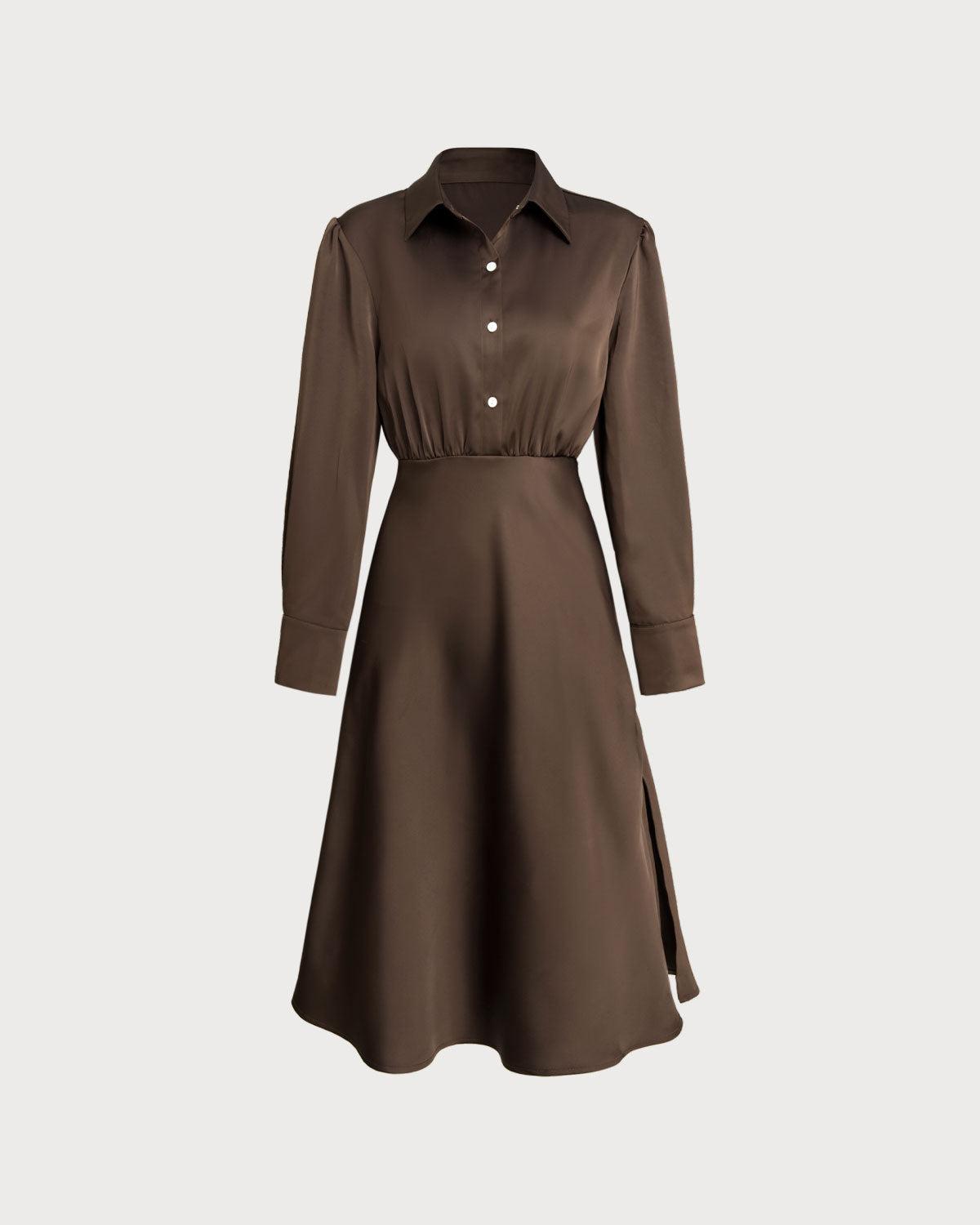 Coffee Ruched Button Midi Dress Product Image