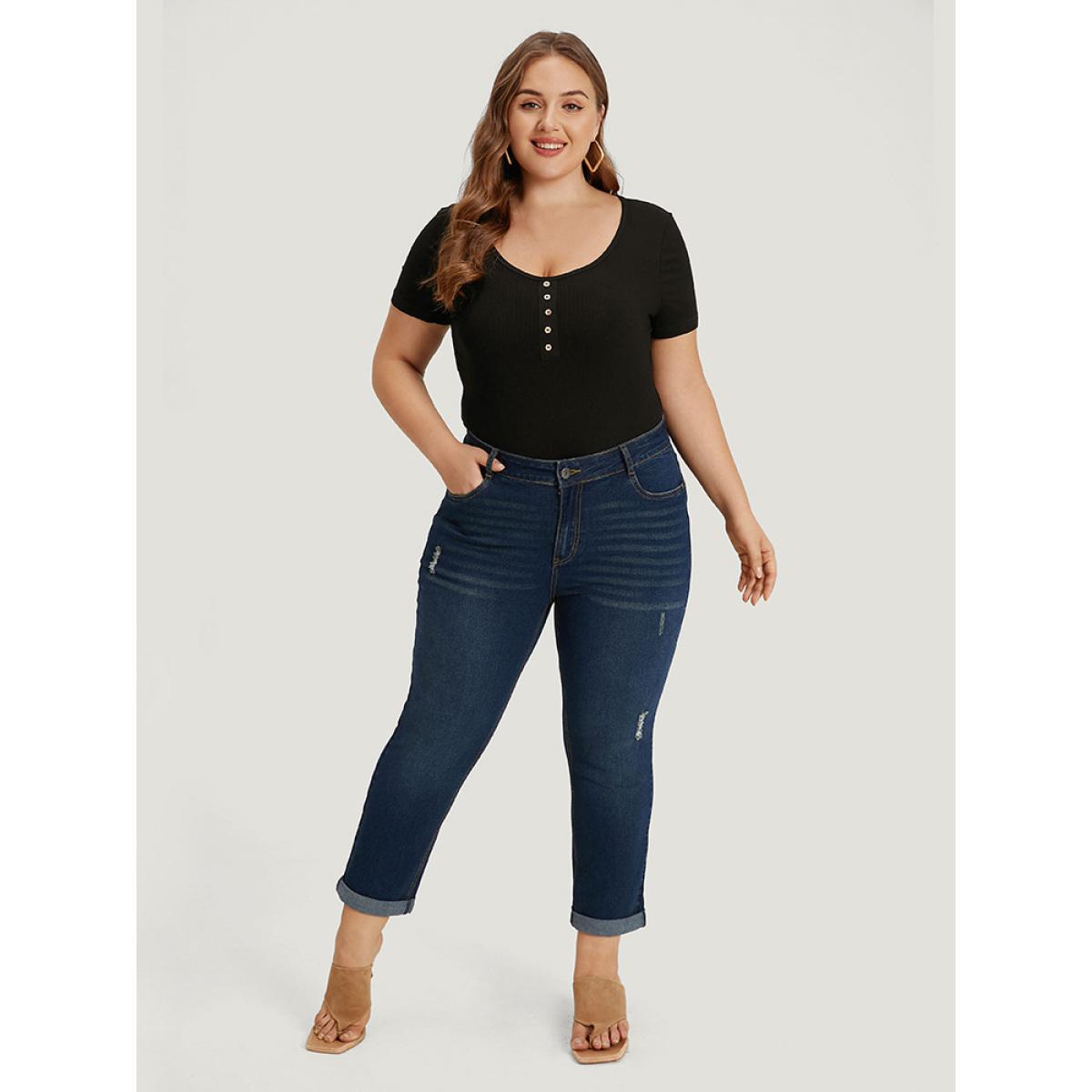 Plus Size Solid Ripped Pocket Roll Hem Jeans Women Midnight Casual Plain Plain High stretch Pocket Jeans BloomChic 16/1X Product Image