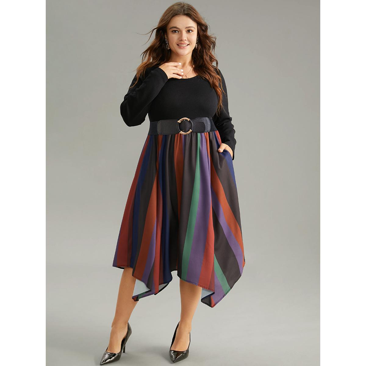 Plus Size Striped Colorblock Contrast Pocket Elastic Waist Dress Multicolor Women Office Patchwork Round Neck Long Sleeve Curvy Midi Dress BloomChic 26/4X Product Image