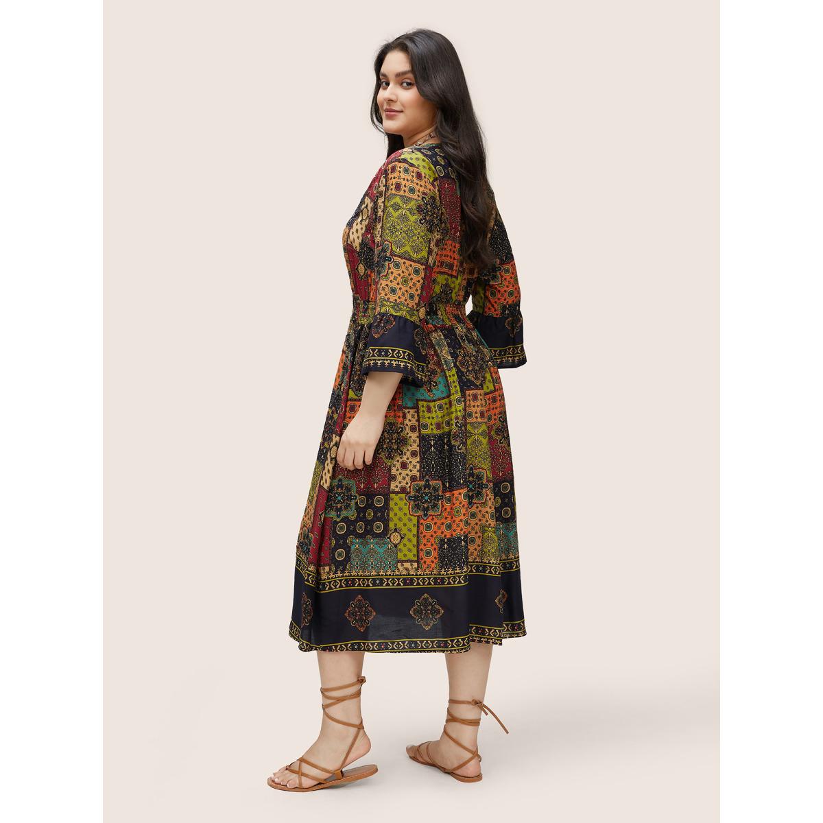 Plus Size Moroccan Print Shirred Elastic Waist Wrap Dress DarkBlue Women Resort Non Overlap Collar Elbow-length sleeve Curvy Midi Dress BloomChic 14-16/1X Product Image