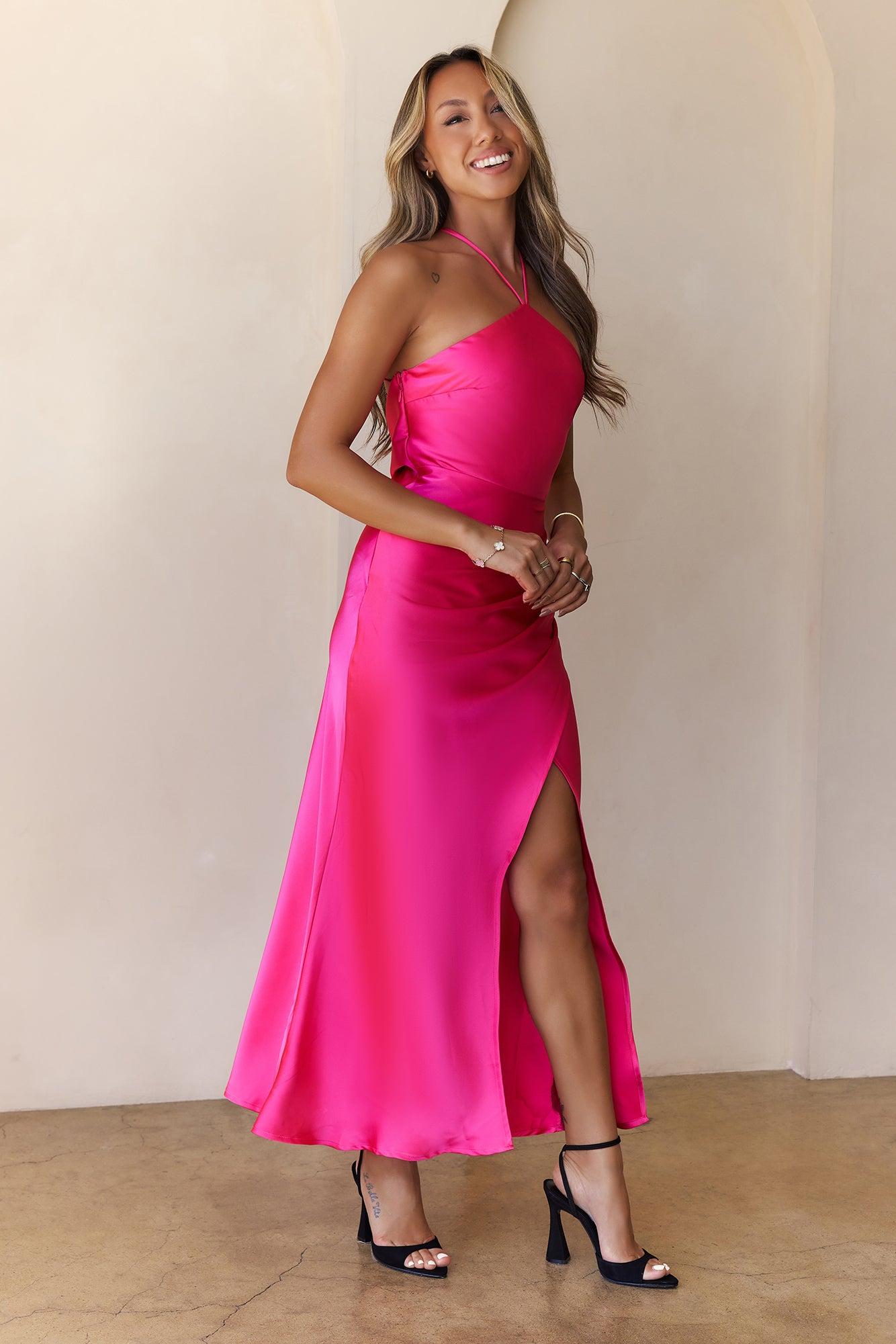 Styled Chicly Satin Maxi Dress Pink Product Image