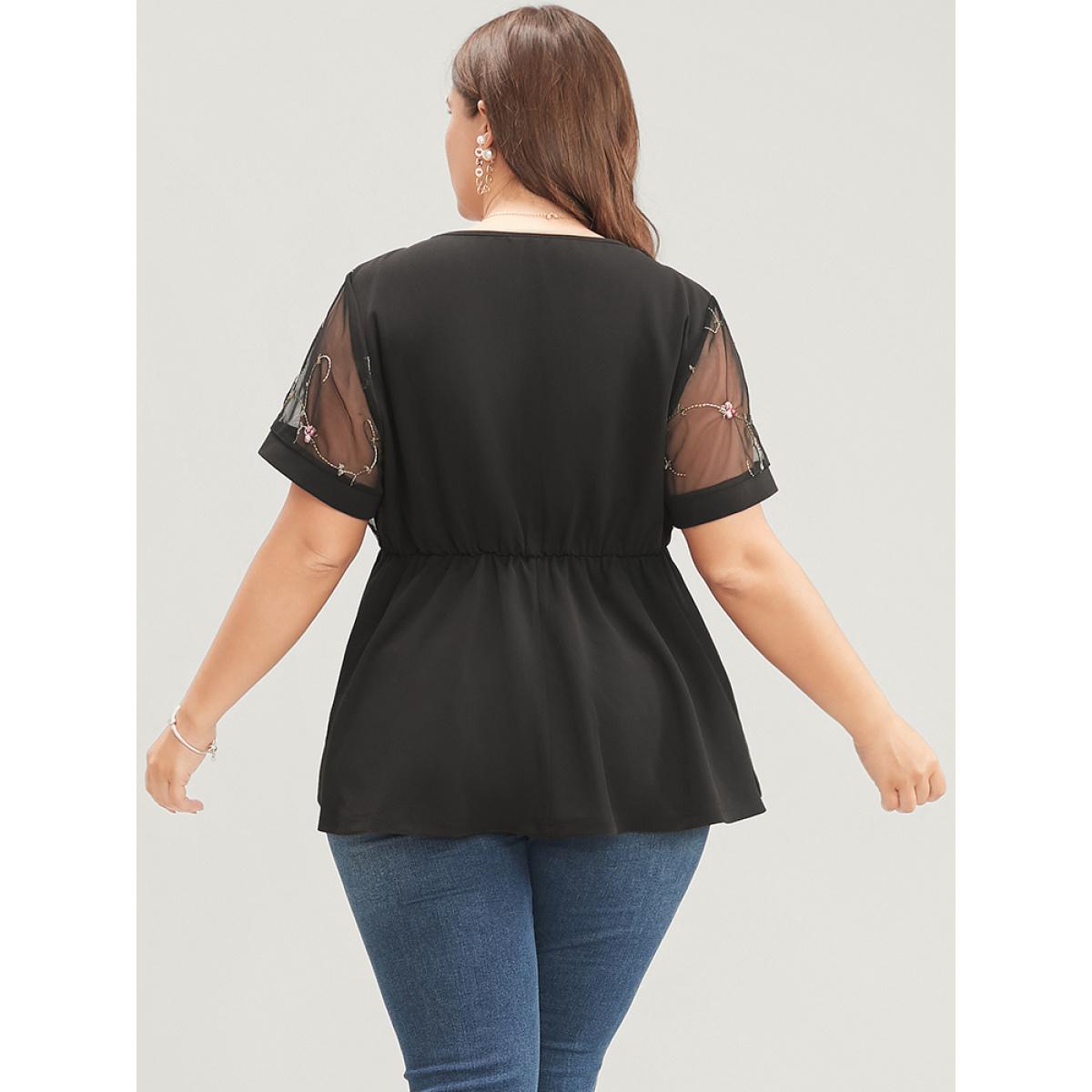 Plus Size Black Floral Embroidered Mesh Patchwork Ruffles Blouse Women Glamour Short sleeve Round Neck Party Blouses BloomChic 26/4X Product Image