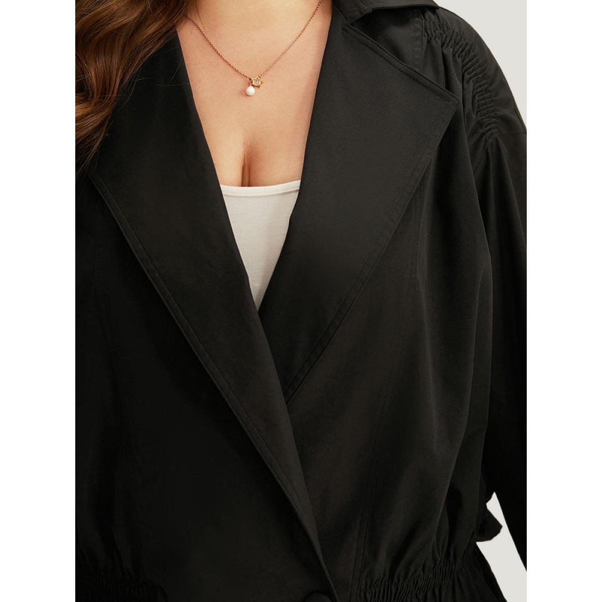 Plus Size Shirred Lapel Collar Metal Buckle Button Up Coat Women Black Casual Gathered Ladies Dailywear Winter Coats BloomChic 18-20/2X Product Image