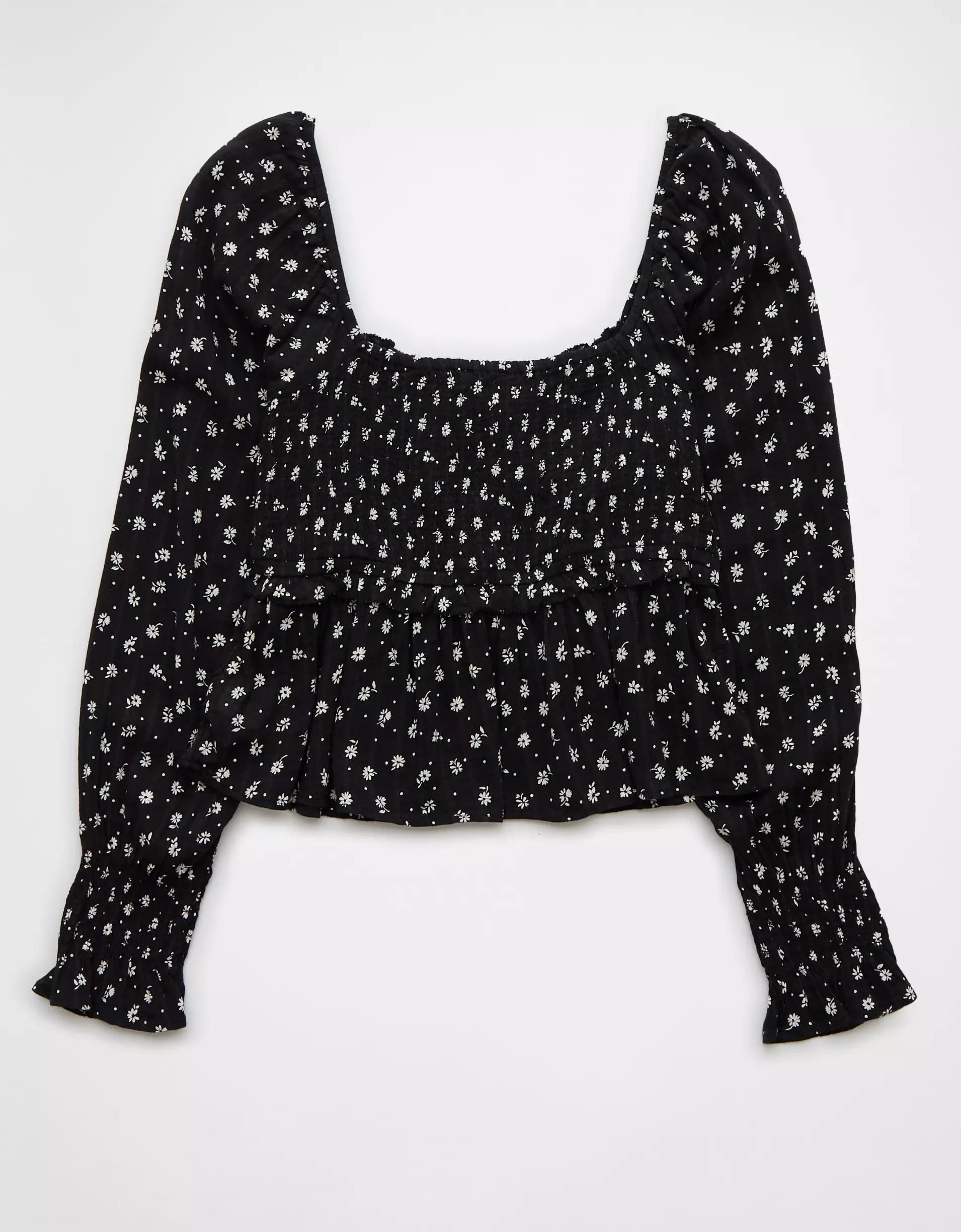 AE Long-Sleeve Smocked Tie Front Blouse Product Image